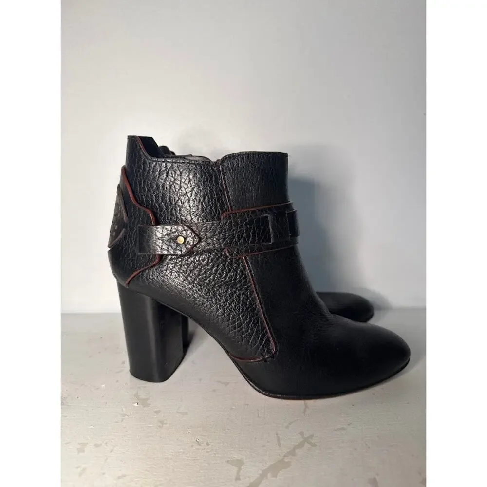 Tory Burch Dorese Black Pebbled Leather Ankle Booties Boots Block Heel Womens 7